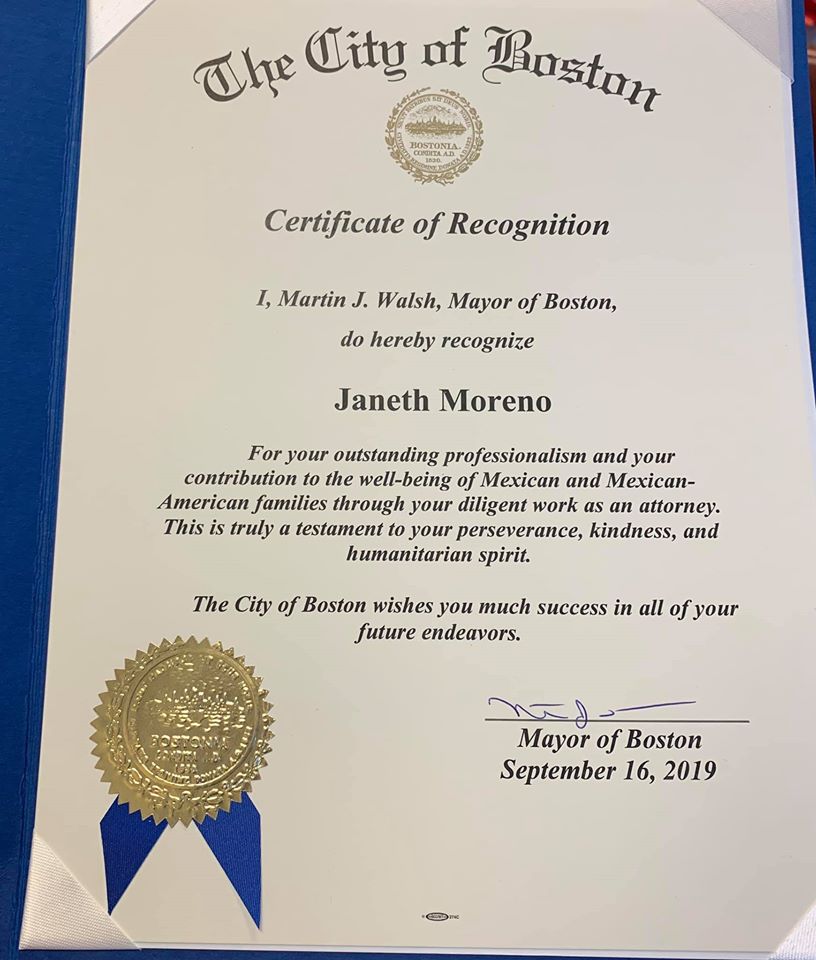 La Abogada Moreno Recibió un Reconocimiento del Alcalde de Boston